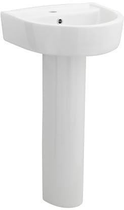 Balterley 420mm Bathroom Sink, Full Pedestal Ceramic Round Bowl Bathroom Wash Basin Sink with Overflow, 1 Tap Hole, Floor Standing Basin Sinks for Cloakroom - 420 x 380 x 825mm (White)