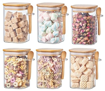 ORNAMI Airtight Glass Pantry Storage Canister Jar with Bamboo Lid & Spoon | BPA-Free, Clear Kitchen Organisation Jar - Set of 6 (0.5L, Square)