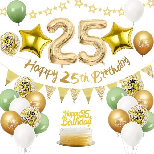 25. Geburtstag Deko Salbeigrüne, Luftballon Deko 25. Geburtstag Frau Mann, Geburtstagsdeko 25 Jahr, Gold Folienballon 25, Grün Weiß Gold Luftballons 25 Jahr mit Banner Tortendeko für Party Dekoration