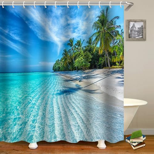 FAIRYGATE Duschvorhang Strand Motiv Bath Curtain Duschvorhang natürliches Blätter Ruhig Gemütlich und Sanft Hochwertiger Textilvorhang aus Polyester 100% Wasserdicht Größe 180x180cm B8815