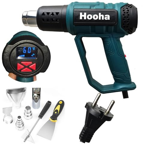 Hooha Heißluftpistole 2000W, Heißluftfön Kit mit LCD-Display, Variable Temperaturregelung 60℃- 650℃, 2 Stufen, Heißluftgebläse mit 7 Düsen für Entlacken, Löten und Schrumpfen, Abbeizen von Farb