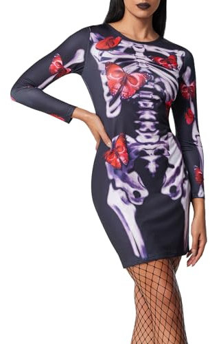 JONRRYIN Déguisement Squelette Femme, Robe Squelette pour Femme, Costume Halloween Squelette Femme avec Fourreau À Manches Longues, Déguisement Squelette Adulte Cosplay Costume pour Halloween