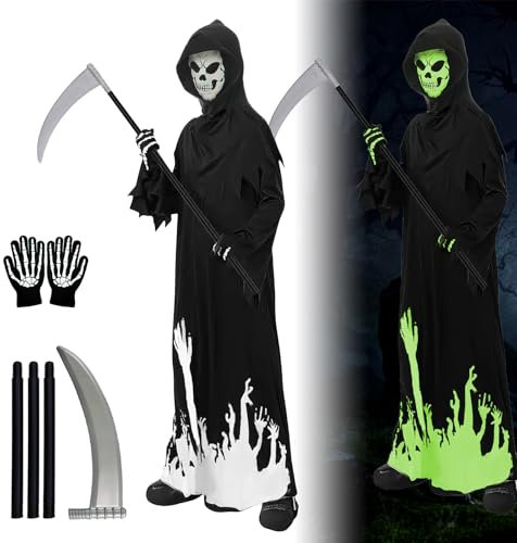 Costume da Scheletro Bambini, SilverChry Bambini Tuta Mietitore Falce, Costume da Triste Mietitore, Costume da Mietitore Halloween, Costume di Scheletro d'Bambino, Cosplay Grim Reaper Costume (Nero-L)