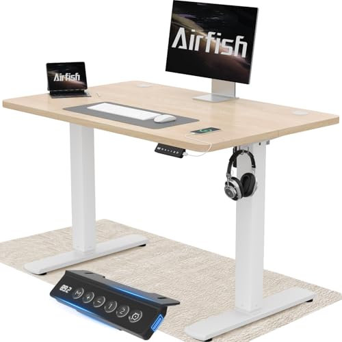 Airfish Höhenverstellbarer Schreibtisch 100x60cm mit USB-Buchse, Schreibtisch Höhenverstellbar Elektrisch mit Memory Funktion, 73-118cm,Beige