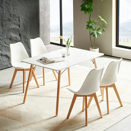 H.J WeDoo Esszimmergruppe Esstisch mit 4 Stühlen Essgrupp, Rechteckig Küchentisch und 4er Set Esszimmerstühle Sitzgruppe für Wohnzimmer Küche Büro(120x80cm Tisch+4 Weiß Stühle)