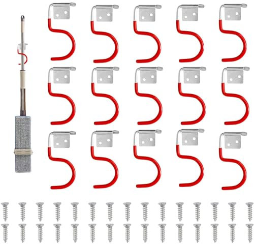 EVDZNA Metallhaken Gerätehalter 15 Stück, Rot, Werkzeughalter, Besenhalter, Gartengeräte Aufhängung, Multifunktions System, Halter für Gartenwerkzeuge & Elektrogeräte, Metal Haken, Gummierter Griff