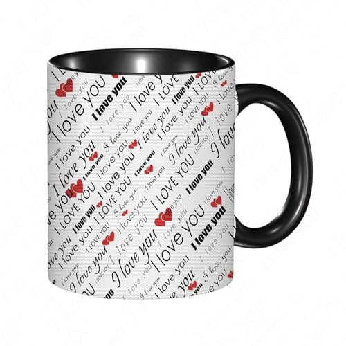 reyawdf Original Tasse mit lustigem Design,Romantische Wörter mit Herzen in verschiedenen Charakteren flirten Fei,330ml, für Kaffee- und Teeliebhaber, als Geschenk für Weihnachten, Geburtstag und mehr