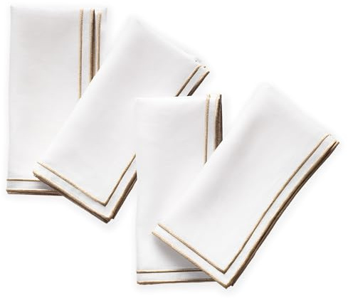 Leinenservietten, 4 Stück, 100 % reines Leinen, weiße Servietten mit gesticktem Goldrand, 50,8 x 50,8 cm, bestickte Servietten, waschbar, für Sommer, Hochzeitsdekoration