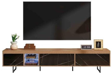 Meuble TV 190cm, Moderne Meuble Télé avec Lumière LED pour Télévisions Jusqu'à 70 Pouces, Banc TV-3 Motif Marbré Portes et 1 Étagères en Verre, Armoire de Télévision pour Salon, 190 x 38 x 43 cm