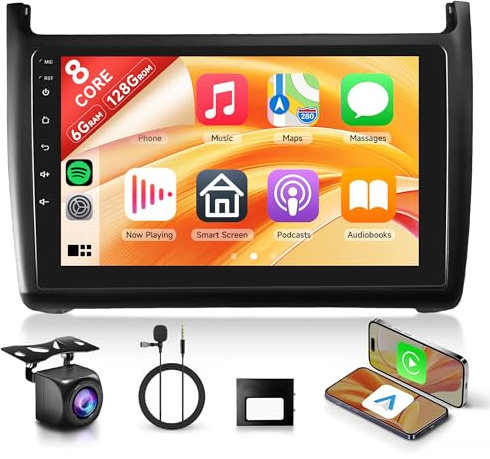 [6+128G 8 Core] Android 15 Radio Coche para VW Polo 6R 6C 9N 2008-2016 9'' Pantalla Polo con Carplay Android Auto Inalámbrico Nav. GPS WiFi Mirror Link Bluetooth FM/RDS/EQ/DSP SWC Cámara Trasera