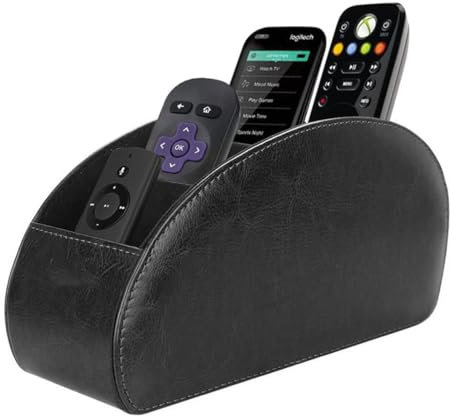 Leather Remote Control Holder with 5 Compartments, Pu Leather Desktop Organizer, Caddy Box for Office Supplies, TV Remote, Heater Controllers, Media Player, Makeup Brush (Black)
