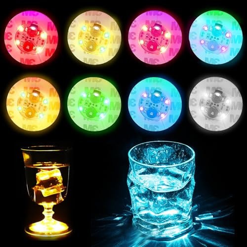 LUKIUP 8 Stück LED Sticker Stimmungslichter, LED-Untersetzer, Selbstklebende Leuchtsticker Glas Flaschen Deko Beleuchtung, 3 Lichtmodi für Hochzeiten Bar Cocktail, Party & Bar Dekoration