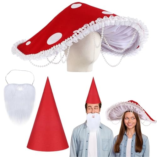 Breathffy 3 Pcs Couples Halloween Costume, Mushroom Hat, Gnome Hat & Beard
