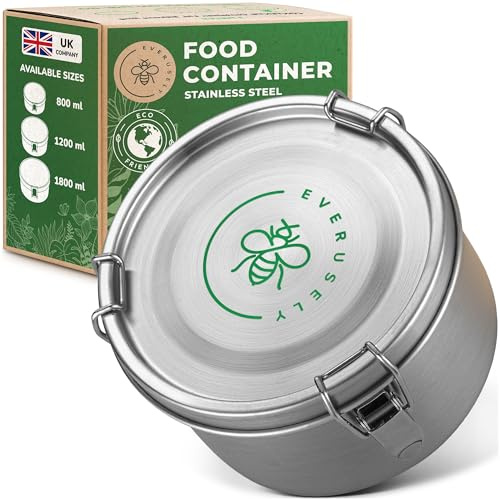 Everusely Recipiente para alimentos de acero inoxidable - Capacidad de 0.8 L - Lonchera redonda para niños y adultos - Contenedor hermético para refrigerios con tapa - Organizador reutilizable