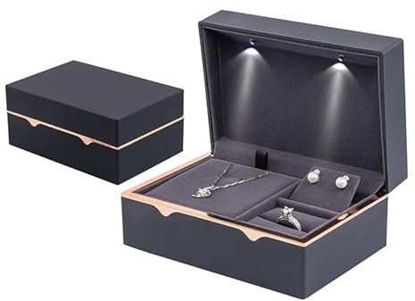 LED Schmuckbox – Aufbewahrungsbox für Armband, Ring & Halskette – Schmuckkästchen mit Licht und Samt-Innenfutter – Elegante Geschenkbox für Hochzeit, Geburtstag, Valentinstag, Weihnachten (Schwarz)
