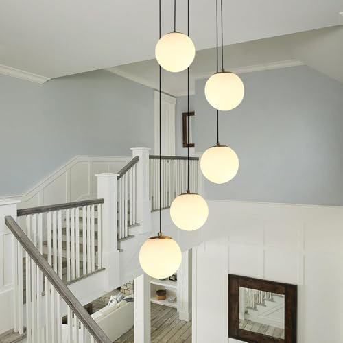 LYSDjia Cluster Globe Glas Kronleuchter 5-flammig gebürstetes Gold Mid Century Pendelleuchten mit milchweißem Glas Multi Cluster Hängelampe for Treppen höhenverstellbare Insel Deckenleuchte