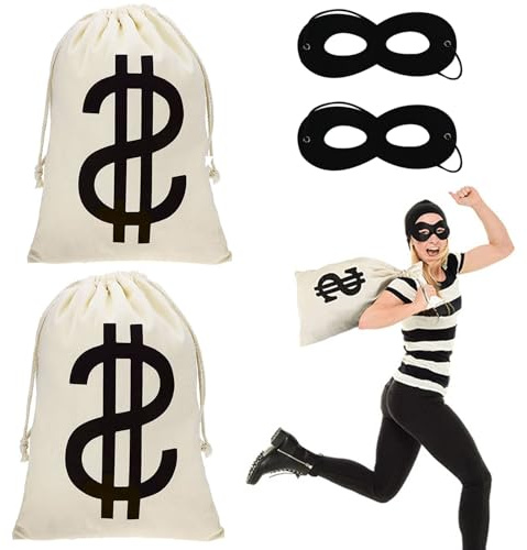 ELYIQI Geldsack, Räuber Kostüm Set, 2 Geldsäcke 30x40 cm und 2 Augenmasken, Verbrecher Kostüm für Karneval, 4-teiliges Set für Karneval, Halloween und Mottopartys