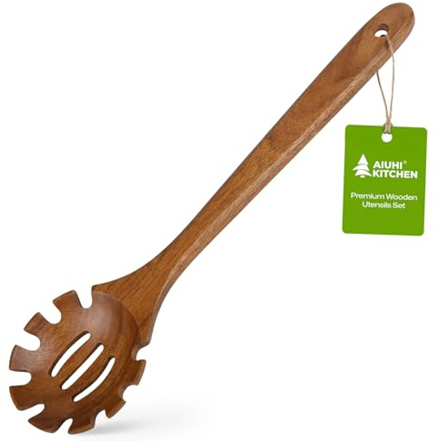 AIUHI Teak Wooden Pasta Fork with Teech, 12.8 Slotted Noodle Server, Heat-Resistant Nonstick-Safe Kitchen Utensil for Stirring & Serving