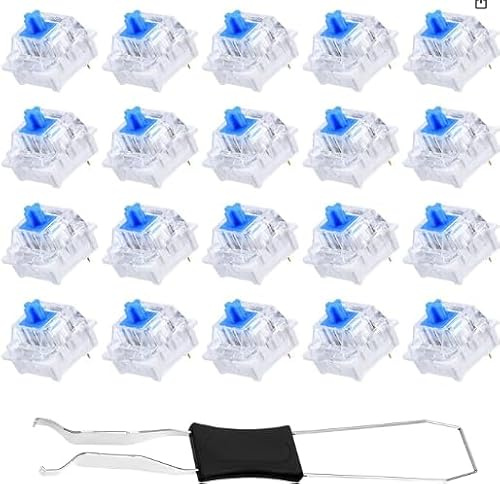 WUISOLQP 20 Pcs Transparente Blaue Achse Switches mit Zieher, Tastenkappen Abzieher Universal Keyboard 3 Polige Tastatur Staubdichte, für Gaming Tastatur Spezial Ersatzschalter DIY Kit