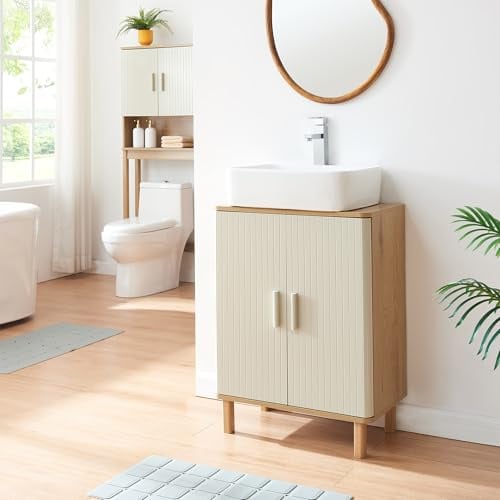 [en.casa] Mueble para Debajo del Lavabo Ferrersp con 3 Compartimentos Cerrados Elegante Mueble Auxiliar Baño 2 Puertas con Tiradores MDF Pino 80 x 60 x 30 cm - Roble/Arena