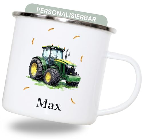 smartaini Personalisierte Emaille-Tasse mit Namen & Motiv – Becher 330 ml, leichte Emailletasse personalisiert, robuster Becher mit Namen, Camping Tasse (Trecker)