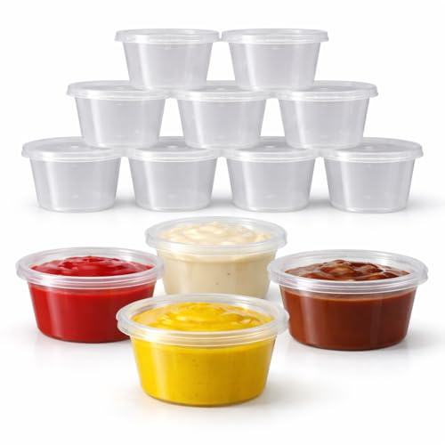 1ABOVE 100 x 4oz Plastic Sauce Containers with Lids – Small Round Takeaway Pots for Dips, Sauces & Salad Dressings – Ideal for Catering & Food Delivery (4, ounces)