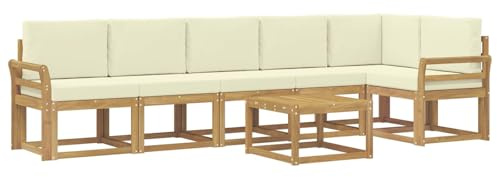 vidaXL Outdoor-Sofagarnitur mit Kissen 7 pcs Weiß und Creme Polyester, Modernes Garten-Sofa Set, wetterfestes Möbel, Sektional für die Terrasse, Akazienholz, Entspannung im Freien