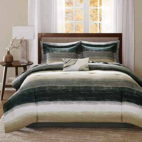 Madison Park Essentials King Comforter Set, Bed in a Bag King, Watercolor Print Coastal Comforter & Chambray Cotton Sheet Set, All Season Bedding Set, Saben, Taupe King (104 in x 92 in) 9 Piece