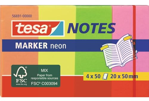 tesa Marker Notes Neon Haftnotizen - 4 x 50 Blatt - 2 cm x 5 cm - bunt | Selbstklebende Notizblätter in Neonfarben - für Büro und Haushalt - zum Markieren, leicht ablösbar - orange, gelb, grün, pink