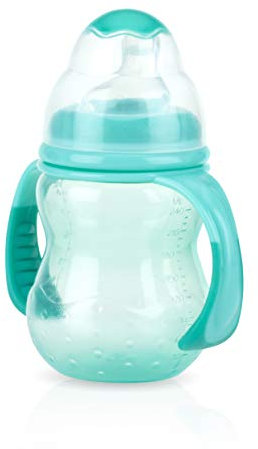 Nuby 3-Stage Wide Neck No Spill Bottle with Handles And Non-Drip Juice Spout, 3 Months, 8 Ounce, Teal