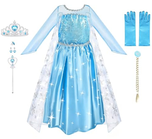 La Reine des Neiges Costume et Accessoires Gants Couronne Baguette Tresse Robe Longue Deguisement pour Fille - Bleu - Taille 140cm, 6-Ans