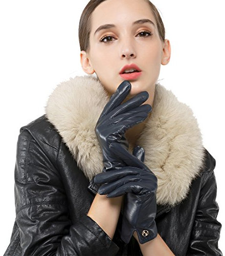 Nappaglo Damen Italienisches Lammfell Leder Handschuhe Touchscreen Winter Warm Langes Fleecefutter Handschuhe (S (Umfang der Handfläche:16.5-17.8cm), Dunkelmarineblau(Non-Touchscreen))