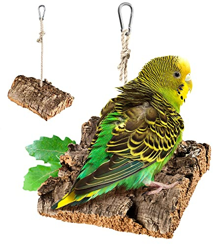 Vogelschaukel aus Naturkorkrinde zum Spielen, Schaukeln und Knabbern | Unbehandelte Korkrinde mit Hanfseil und Edelstahlhaken, bei 65 °C ohne Chemie hitzebehandelt, auch für Nagetiere