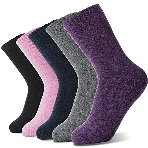 Sandsuced Womens Merino Wool Thermal Socks Warm Winter Cozy Long Heavy Comfy Socks for Ladies Mum Stocking Fillers Women Gifts Thick Crew Work Soft Boot Socks 5 Pairs(Solid Color C)