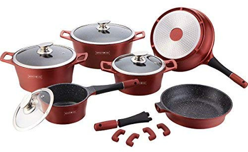 Batteria di pentole Set Pentole 14 pezzi Pietra Lavica Colore Bordò