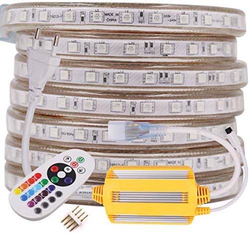 XUNATA 30M LED RGB Strip,AC 220V 230V SMD 5050 60leds/m IP65 Wasserdicht, Kein Selbstklebender, Flexibles LED Lichtband mit 24 Tasten IR-Fernbedienung Wasserdicht Controller