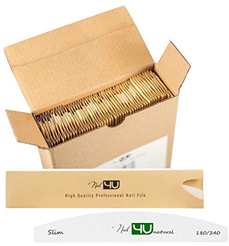 Slim Nail Files Half Moon Emery Boards for Acrylic Gel Tips Natural Wooden Core Eco-friendly products by Nail4U Double sided 180/240 grit Manicure Tools for Home and Salon use Pack of 50 pcs