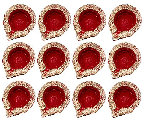 Amroha Crafts 12 Diya Set für Diwali Geschenk/Dekorationen Ton Handgemachte Diya Natürliche Erdende Öllampe Traditionelle Diyas für Pooja mit Baumwolldochten Batti Deepawali Diya Lampe