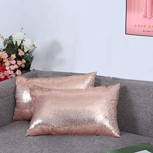 YW 3E Home Rose Gold Sequin Cushion Covers 2 Pack, 12x20 Inches (30x51cm), Decorative Throw Pillow Cases for Sofa, Living Room, Bedroom, Soft Glitter Pillow Covers