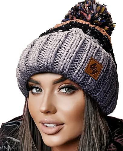 4sold warme Wintermütze für Damen und Herren mit Bommel, einfarbig, Skimütze, Wollmütze, kuscheliges Fleece-Innenfutter, Grau / Schwarz, Einheitsgröße