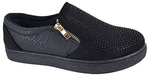 Womens Slip-On Flat Trainers with Studded Zip Detail – Sizes 3 to 8 Black