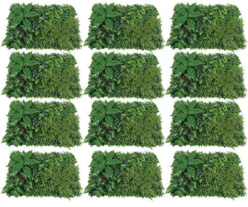 Futchoy 9-12 Stück Künstliche Buchsbaum Matte Wall Hedge Decor Zaun Panel Gras Pflanzen Grüne Gras Blume Wand Panels Künstliche Blattpflanzen Wand 60 cmx 40 cm (12 grüne Stücke mit 4 Blumen)