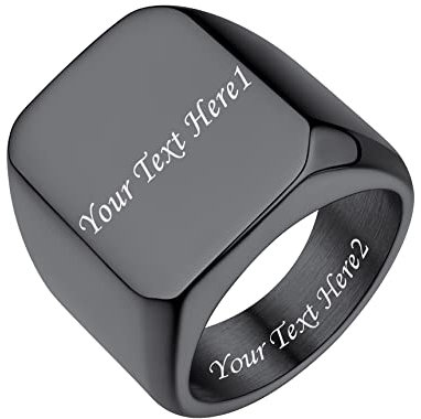 Bestyle Quadrat-Ring Herren Siegelring Gravur Personalisiert Initialenring Mädchenring Hip Hop Ring Signetring Schwarz 57