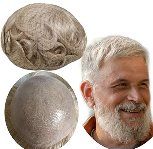 Echthaar Toupet für Männer, Yanahair Gewelltes Haar 0,04-0.06mm V-Loop PU Super Dünn Haut Haarsystem Yanaair Europäische Echthaarteile Toupet Echthaar Perücke Mann(10x8,grau/blonde)