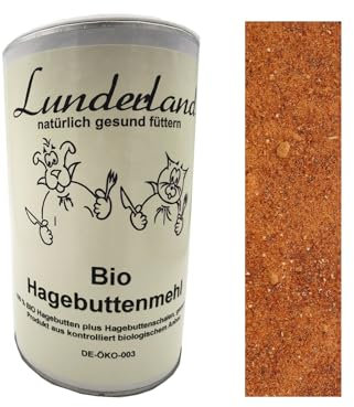 Lunderland Bio-Hagebuttenmehl 600g, 100% BIO Hagebuttenmehl, ganze Hagebutten plus Hagebuttenschalen gemahlen, Einzelfuttermittel für Hunde und Katzen