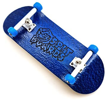 SPITBOARDS 34mm Fingerboard Complete Wood Pro Set-Up (Pre-Assembled, 5-Layers), Pro Trucks, CNC Bearing Wheels, Foam Grip Tape, (Deck: Blue, Trucks: White, Wheels: Light-Blue)