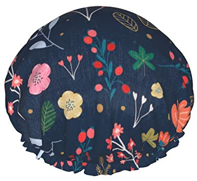 Pretty Floral Flower Pattern Shower Cap, Reusable Bath Shower Caps For Women Long Hair, Double Layer Waterproof Bathing Shower Hat Hair Protector For Kids Girls Men