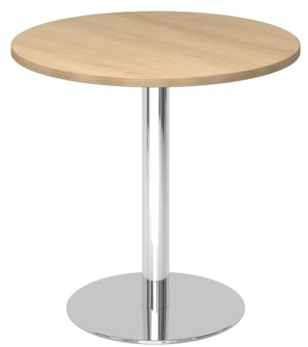 bümö Besprechungstisch, Esstisch klein, Tisch rund 80 cm - Kleiner Esstisch Eiche, Rundtisch Esstisch 2 Personen mit Holz-Platte, Säule aus Metall verchromt, Konferenztisch, Bistrotisch