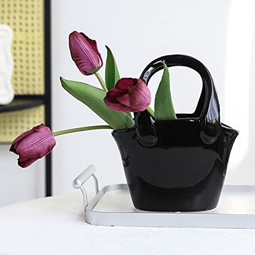 BestAlice Keramikvase für Blumen, schwarze Handtaschen-Form, Blumenvase mit Griffen, kreative Keramik-Taschenvase für Tafelaufsätze, Heim-Hochzeitsdekoration