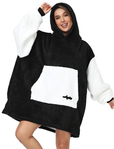 Argstar Übergroße Hoodie Decke, tragbare Decken Hoodie, leichte Kapuzendecke, kuschelige Samt-Decke,warmes Hoodie mit Tasche und elastischen Ärmeln für Erwachsene Damen und Herren Schwarz